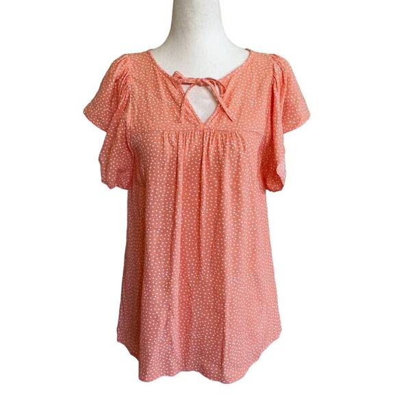 LOFT Tangerine Polka Dot Flutter Sleeve Tie Neck Blouse S - Picture 1 of 10